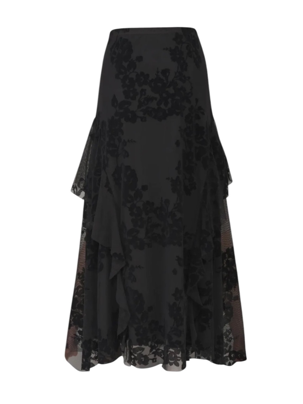 Alembika Black Floral Burnout Lace Cascade Ruffle Skirt NWT Size 0 | US Small